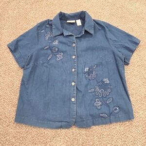 ALFRED DUNNER Vintage Women's 18W Blue Floral Embroidered Button Shirt